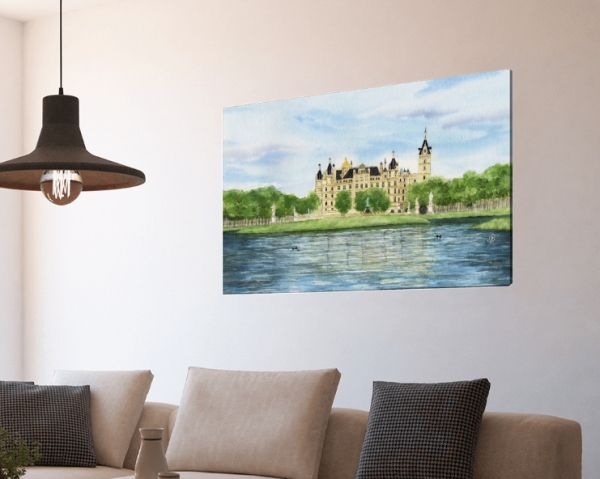 Leinwand 40 x 30 cm Keilrahmen Canvas-Leinen Aquarell Maritim Kunst Druck Kunstdruck Ostsee Schweriner Schloss  - Schlossgarten Ansicht - SCH2